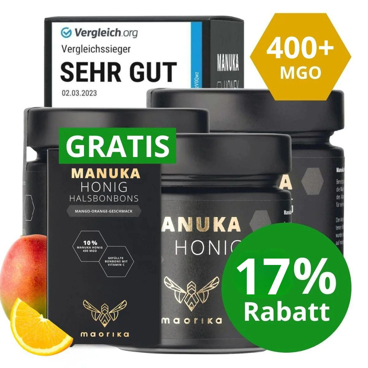 3x Manuka Honig MGO 400+ - 250g + GRATIS Manuka Halsbonbons Mango Orange