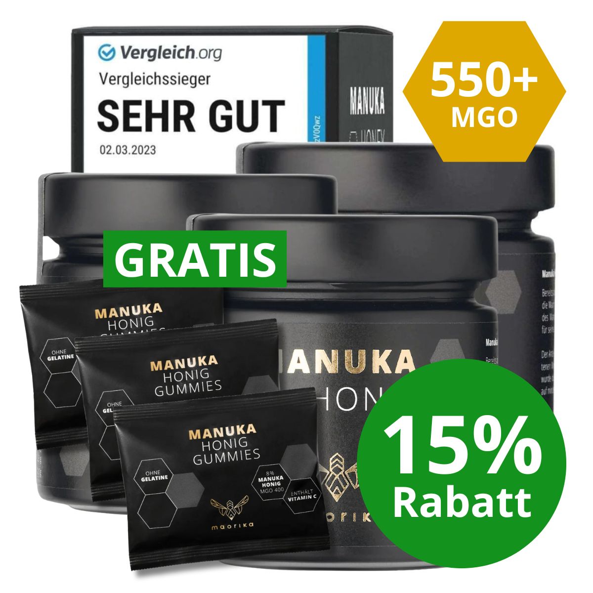 3x Manuka Honig MGO 550+ - 250g + 3x GRATIS Manuka Honig Gummies
