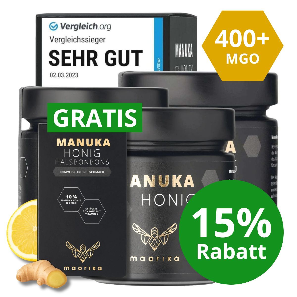 3x Manuka Honig MGO 400+ - 250g + GRATIS Manuka Halsbonbons Ingwer Zitrus