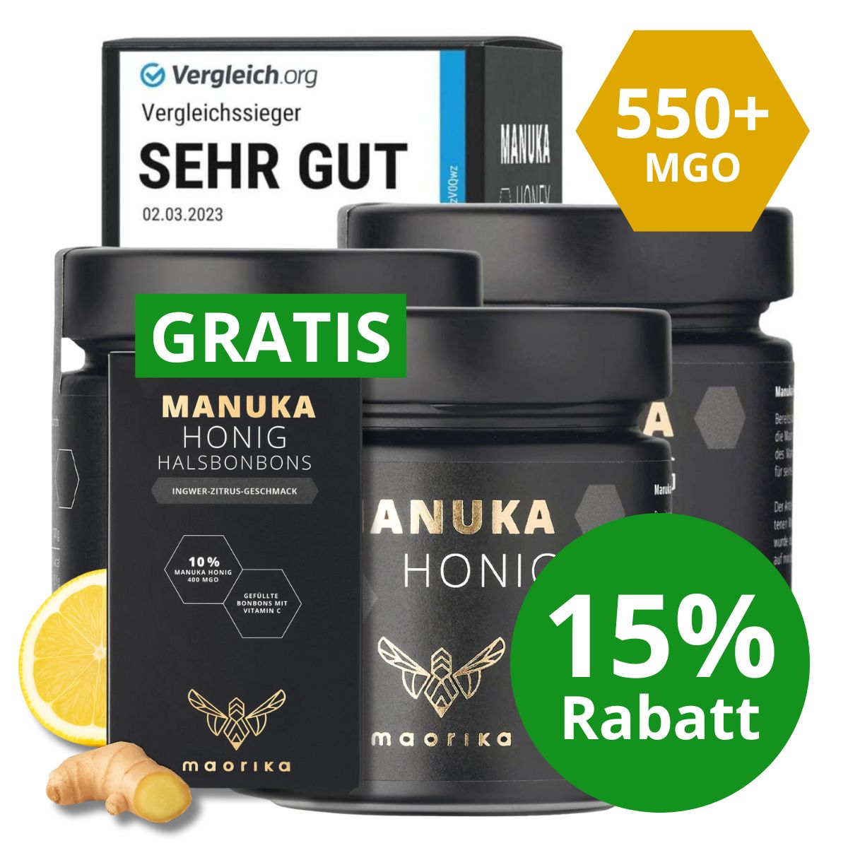 3x Manuka Honig MGO 550+ - 250g + GRATIS Manuka Halsbonbons Ingwer Zitrus