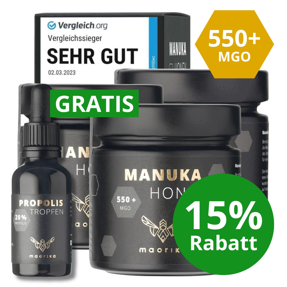 3x Manuka Honig MGO 550+ - 250g + GRATIS Propolis Tinktur 20% mit Alkohol